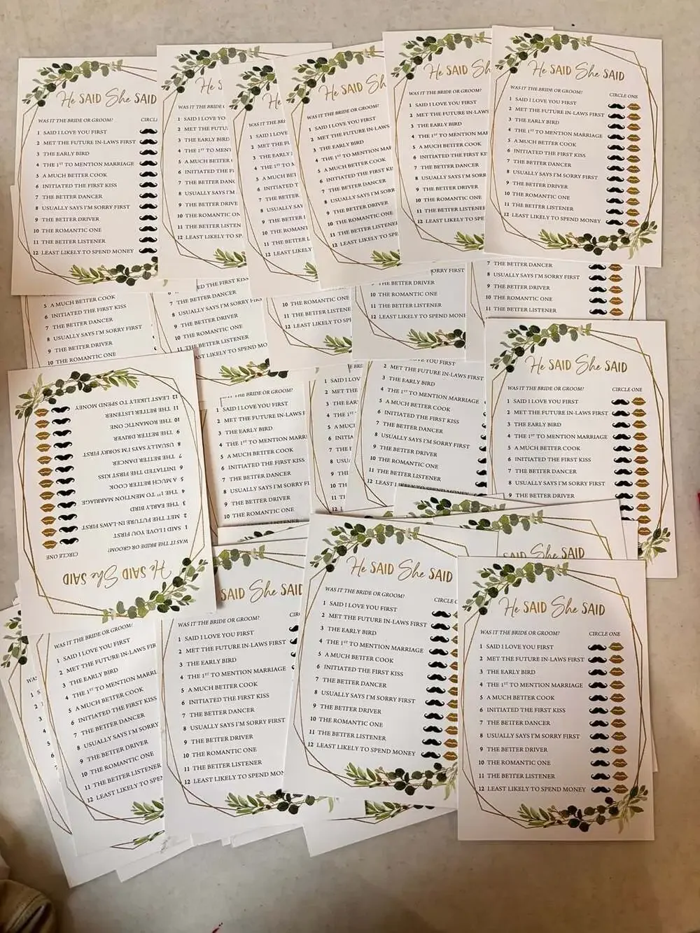 He Said She Said Bridal Shower Game Cards with Greenery and Gold Geometric Desig